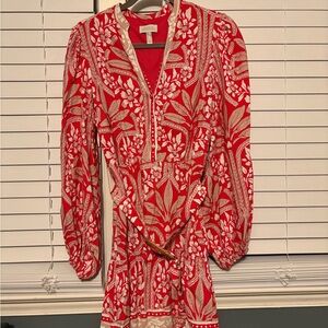 Adrianna Papell Red and Cream Long Sleeve Dress